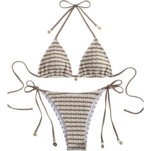 image:imageMakeMeChic Womens Striped Triangle Thong Micro Bikini Sets Halter Swimsuits Bathing SuitStriped Mocha Brown