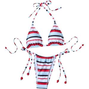 image:imageMakeMeChic Womens Striped Triangle Thong Micro Bikini Sets Halter Swimsuits Bathing SuitStriped Multicolor