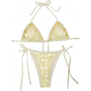 image:imageMakeMeChic Womens Summer Sequin String Bikini Sets Triangle Halter Cheeky Beach Vacation Bathing SuitsYellow