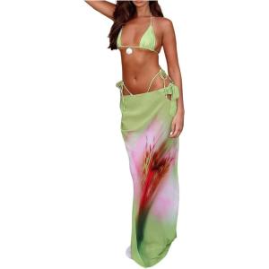 image:imageMakeMeChic Womens Triangle Thong Bikini Sets Floral Polka Dots Bandeau Bathing Suit Swimsuit CoverupGreen