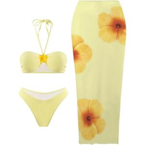 image:imageMakeMeChic Womens Triangle Thong Bikini Sets Floral Polka Dots Bandeau Bathing Suit Swimsuit CoverupHalter Yellow