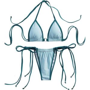 image:imageMakeMeChic Womens Two Piece Bikini Set Halter Triangle Ring Tie Side Swimsuit Beachwear Bathing SuitsBlue