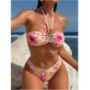 image:imageMakeMeChic Womens 3 Piece Summer Bathing Suit Metallic 3D Floral Halter Tie Back Bikini Set with Beach SkirtsMulticolor