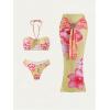 image:imageMakeMeChic Womens 3 Piece Summer Bathing Suit Metallic 3D Floral Halter Tie Back Bikini Set with Beach SkirtsMulticolor