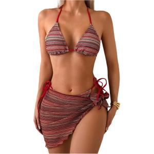 image:imageMakeMeChic Womens Boho Bikini Sets Striped Halter 3 Piece Swimsuit with Beach Cover Up SkirtMulticolor a