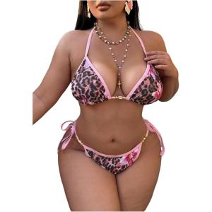 image:imageMakeMeChic Womens Plus Size 2 Piece Summer Swimsuit Cheetah Print Tie Backless Halter Cheeky Beach OutfitsMulticolor