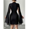 image:imageMakeMeChic Womens Mock Neck Sparkly Mini Dress Cloak Sleeve Cocktail Bodycon Short DressesBlack