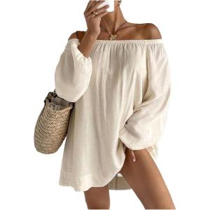image:imageMAKEMECHIC Womens Off The Shoulder Summer Dress Lantern Sleeve Tunic Casual Business Mini DressApricot