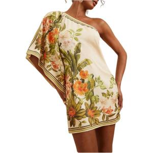 image:imageMakeMeChic Womens Boho Mini Dress Floral Ponchos Dolman Sleeve Dress One Shoulder Asymmetrical Loose Fit Flowy DressMulticolor
