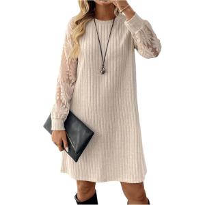 image:imageMakeMeChic Womens Boho Sweater Dress Long Sleeve Rib Knit Cozy Knee Length DressesKhaki