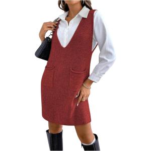 image:imageMakeMeChic Womens Casual Sweater Dress V Neck Sleeveless Knit Short Sweater Dresses with PocketBurgundy