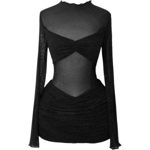 image:imageMakeMeChic Womens Mesh Sheer Cocktail Dress Y2K Long Sleeve Mock Neck Bodycon Club Mini Dresses Concert OutfitsBlack