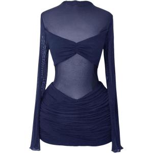 image:imageMakeMeChic Womens Mesh Sheer Cocktail Dress Y2K Long Sleeve Mock Neck Bodycon Club Mini Dresses Concert OutfitsBlue