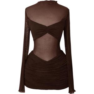 image:imageMakeMeChic Womens Mesh Sheer Cocktail Dress Y2K Long Sleeve Mock Neck Bodycon Club Mini Dresses Concert OutfitsBrown