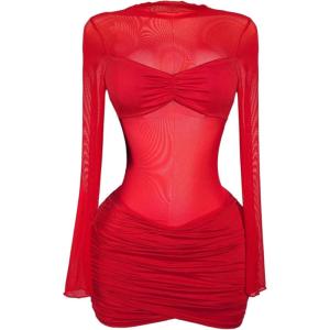 image:imageMakeMeChic Womens Mesh Sheer Cocktail Dress Y2K Long Sleeve Mock Neck Bodycon Club Mini Dresses Concert OutfitsRed
