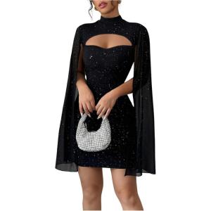 image:imageMakeMeChic Womens Mock Neck Sparkly Mini Dress Cloak Sleeve Cocktail Bodycon Short DressesBlack