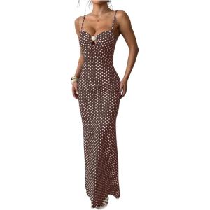image:imageMakeMeChic Womens Polka Dots Cami Dress Metal Sleeveless Bodycon Summer Party Maxi DressesBrown