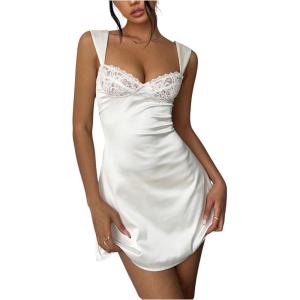 image:imageMakeMeChic Womens Satin Lace Mini Dress Silk Sleeveless Party Cocktail DressesWhite