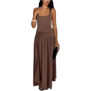 image:imageMakeMeChic Womens Square Neck Tank Dress Tie Knot A Line Swing Summer Maxi DressesCoffee