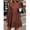 image:imageMakeMeChic Womens Ruffle Smock Dress Long Sleeve Mock Neck Shirred Frill Trim Short DressesBurgundy B