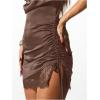 image:imageMakeMeChic Womens Satin Cowl Neck Bodycon Dress Lace Ruched Drawstring Party Mini DressesChocolate Brown