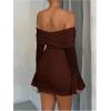 image:imageMakeMeChic Womens White Lace Dress Off The Shoulder Long Sleeve Bodycon Mini Dresses Valentines Day OutfitCoffee Brown