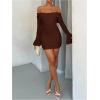 image:imageMakeMeChic Womens White Lace Dress Off The Shoulder Long Sleeve Bodycon Mini Dresses Valentines Day OutfitCoffee Brown