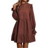 image:imageMakeMeChic Womens Ruffle Smock Dress Long Sleeve Mock Neck Shirred Frill Trim Short DressesBurgundy B