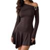 image:imageMakeMeChic Womens Spring Brown Mini Dress Long Sleeve Asymmetrical A Line Short DressesCoffee Brown