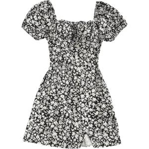 image:imageMakeMeChic Womens Floral Mini Dress Puff Sleeve Shirred Sundress Summer DressesBlack