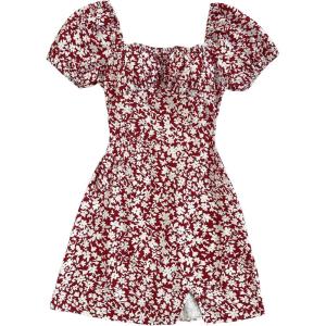 image:imageMakeMeChic Womens Floral Mini Dress Puff Sleeve Shirred Sundress Summer DressesBurgundy