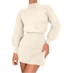 image:imageMakeMeChic Womens Long Sleeve Sweater Dress Mock Neck Shirred Office Y2K Mini DressesBeige