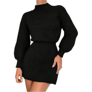 image:imageMakeMeChic Womens Long Sleeve Sweater Dress Mock Neck Shirred Office Y2K Mini DressesBlack