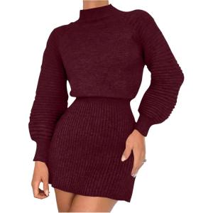 image:imageMakeMeChic Womens Long Sleeve Sweater Dress Mock Neck Shirred Office Y2K Mini DressesBurgundy
