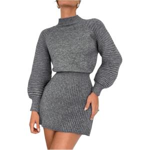 image:imageMakeMeChic Womens Long Sleeve Sweater Dress Mock Neck Shirred Office Y2K Mini DressesGrey