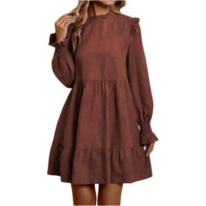image:imageMakeMeChic Womens Ruffle Smock Dress Long Sleeve Mock Neck Shirred Frill Trim Short DressesBurgundy B