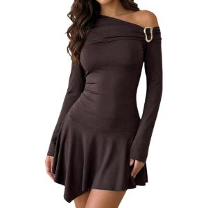 image:imageMakeMeChic Womens Spring Brown Mini Dress Long Sleeve Asymmetrical A Line Short DressesCoffee Brown