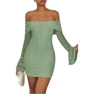 image:imageMakeMeChic Womens White Lace Dress Off The Shoulder Long Sleeve Bodycon Mini Dresses Valentines Day OutfitMint Green