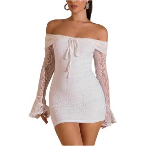 image:imageMakeMeChic Womens White Lace Dress Off The Shoulder Long Sleeve Bodycon Mini Dresses Valentines Day OutfitWhite