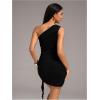 image:imageMakeMeChic Womens 3D Flower One Shoulder Dress Ruched Bodycon Cocktail Mini DressesBlack