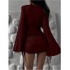 image:imageMakeMeChic Womens Bell Sleeve Bodycon Dress Ruched Drawstring Party Club Mini DressesBurgundy