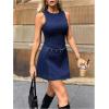 image:imageMakeMeChic Womens Belted Denim Mini Dress Crew Neck Sleeveless A Line Summer Jean DressesBlue