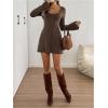 image:imageMakeMeChic Womens Button Down Sweater Dress Scoop Neck Long Sleeve A Line Flare Knit DressesCoffee Brown