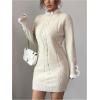 image:imageMakeMeChic Womens Button Lace Cable Knit Sweater Dress Long Sleeve Knit Bodycon Mini DressesApricot