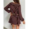 image:imageMakeMeChic Womens Chiffon Ruffle Mini Dress Y2k Long Sleeve V Neck Boho Going Out DressesBrown
