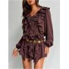 image:imageMakeMeChic Womens Chiffon Ruffle Mini Dress Y2k Long Sleeve V Neck Boho Going Out DressesBrown
