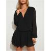 image:imageMakeMeChic Womens Deep V Neck Lantern Sleeve Mini Dress Ruffle Tiered Party Cocktail Short DressesBlack