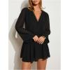 image:imageMakeMeChic Womens Deep V Neck Lantern Sleeve Mini Dress Ruffle Tiered Party Cocktail Short DressesBlack