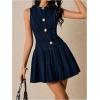 image:imageMakeMeChic Womens Denim Mini Dress Sleeveless A line Pleated Hem Metal Botton Short DressDark Wash