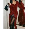 image:imageMakeMeChic Womens Floral Lace Long Cardigan V Neck Flared Sleeve Elegant Knitted OuterwearBurgundy